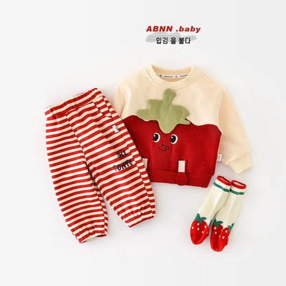 -ベビーセットアップ 2点セット トマト長袖スウェットシャツ+ボーダーロングパンツ コスチューム【mh0007078】 - mamahalo shop - 長袖セットアップ -  べビー服 - 子供服 - 男の子 - 女の子