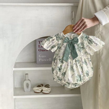 -ベビーロンパース 半袖フリルスリーブボディスーツ リボン フラワー花柄プリント【mh0004642】 - mamahalo shop - 半袖ロンパース -  べビー服 - 子供服 - 男の子 - 女の子