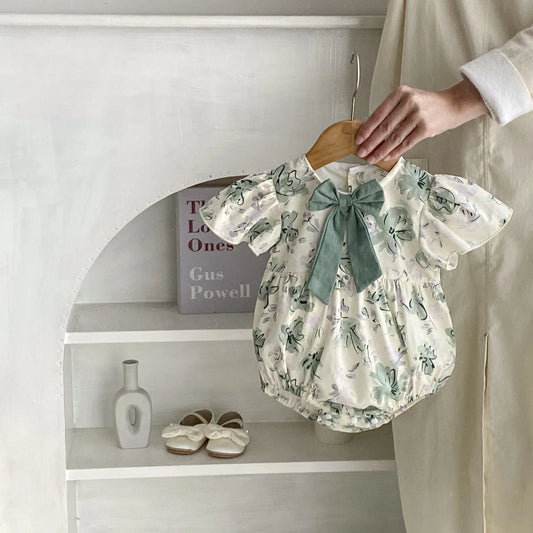 -ベビーロンパース 半袖フリルスリーブボディスーツ リボン フラワー花柄プリント【mh0004642】 - mamahalo shop - 半袖ロンパース -  べビー服 - 子供服 - 男の子 - 女の子