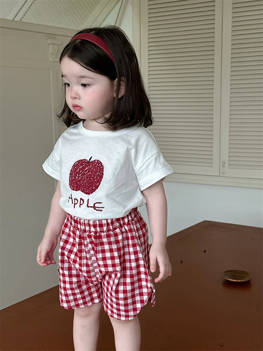 -ベビーセットアップ 2点セット 半袖Tシャツ+ショートパンツ フルーツプリント チェック 2カラー【mh0006274】 - mamahalo shop - 半袖セットアップ -  べビー服 - 子供服 - 男の子 - 女の子