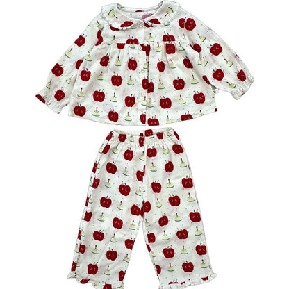 -キッズパジャマセット アップルりんご/うさぎバニープリント長袖ブラウス+ロングパンツ 3カラー - mamahalo shop - 長袖パジャマ -  べビー服 - 子供服 - 男の子 - 女の子