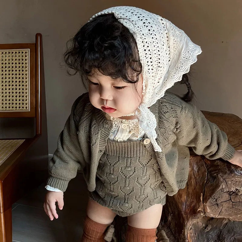 -ベビーニットロンパース カーディガン レースニットサスペンダーロンパース ニットカーディガン 2カラー - mamahalo shop - ノースリーブロンパース -  べビー服 - 子供服 - 男の子 - 女の子