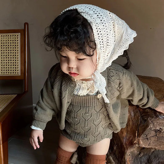 -ベビーニットロンパース カーディガン レースニットサスペンダーロンパース ニットカーディガン 2カラー - mamahalo shop - ノースリーブロンパース -  べビー服 - 子供服 - 男の子 - 女の子