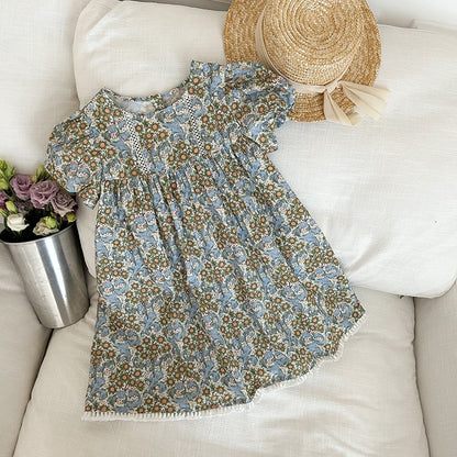 -キッズ フラワー 花柄 レース 半袖 パフスリーブ ワンピース ガールズ - mamahalo shop - 半袖ワンピース -  べビー服 - 子供服 - 男の子 - 女の子