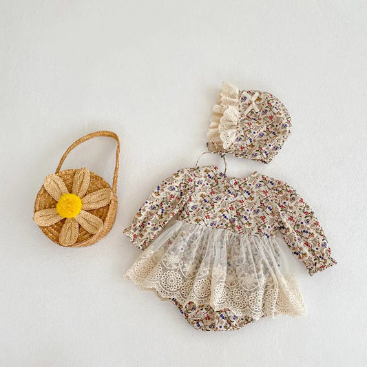 -ベビーロンパース ボンネットセット 長袖レーススカートボディスーツ フラワー花柄プリント ベビードレス【mh0005098】 - mamahalo shop - 長袖ロンパース -  べビー服 - 子供服 - 男の子 - 女の子