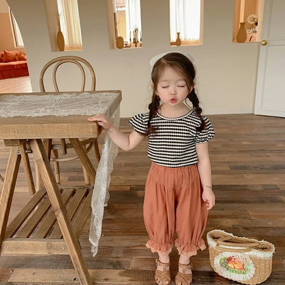 -キッズトップス 半袖パフスリーブTシャツ バックリボン ボーダー 2カラー【mh0005733】 - mamahalo shop - 半袖Tシャツ -  べビー服 - 子供服 - 男の子 - 女の子