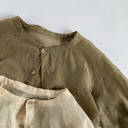 -キッズ コットンリネン 長袖 薄手 ルーズ シャツ ブラウス 日除け クーラー対策 アプリコットベージュ カーキグリーン ユニセックス - mamahalo shop - 長袖シャツ・ブラウス -  べビー服 - 子供服 - 男の子 - 女の子