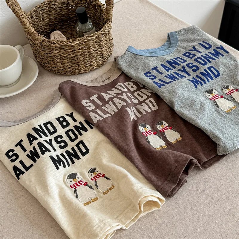 -キッズトップス 半袖Tシャツ ペンギン レターロゴプリント 3カラー - mamahalo shop - 半袖Tシャツ -  べビー服 - 子供服 - 男の子 - 女の子