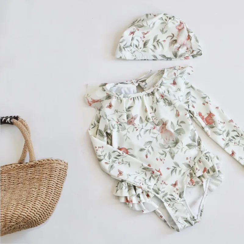 -キッズ水着 ガールズ 長袖ワンピース+帽子セット フリル ラビットうさぎプリント スイムウェア【mh0005985】 - mamahalo shop - ベビー用水着 -  べビー服 - 子供服 - 男の子 - 女の子