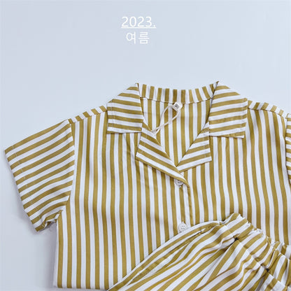 -キッズ ストライプ セットアップ 半袖 オープンカラー シャツ ショートパンツ イエロー ボーイズ - mamahalo shop - 半袖セットアップ -  べビー服 - 子供服 - 男の子 - 女の子