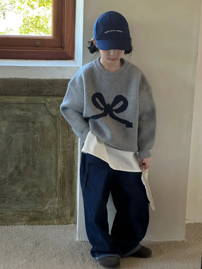 -キッズトップス ビッグリボン長袖ニットセーター グレー - mamahalo shop - ニット・セーター -  べビー服 - 子供服 - 男の子 - 女の子