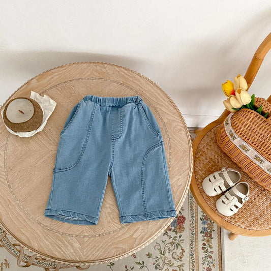 -キッズパンツ サマーデニム 薄手 クロップドパンツ ブルー【mh0006088】 - mamahalo shop - デニムパンツ -  べビー服 - 子供服 - 男の子 - 女の子