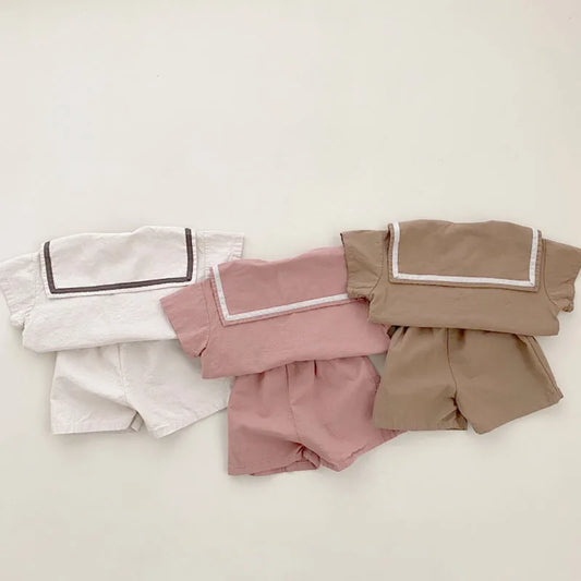 -ベビーキッズセットアップ 2点セット セーラーカラー半袖シャツ+ショートパンツ 3カラー【mh0004768】 - mamahalo shop - 半袖セットアップ -  べビー服 - 子供服 - 男の子 - 女の子