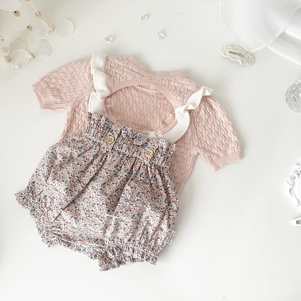 -キッズ ニット バックオープン 半袖 Tシャツ ブラウス カットソー ホワイト ピンク ガールズ - mamahalo shop - ニット・セーター -  べビー服 - 子供服 - 男の子 - 女の子