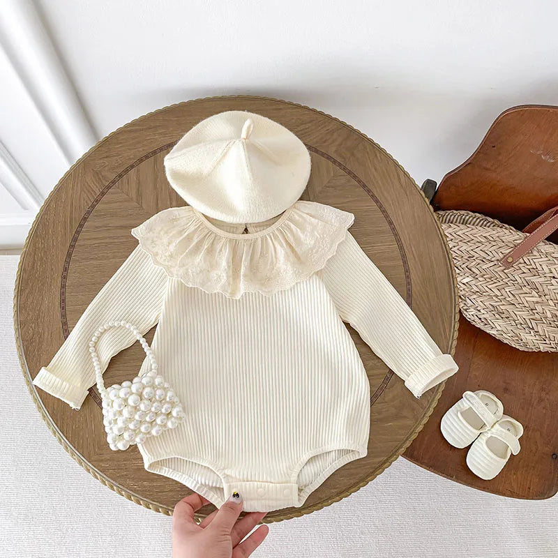 -ベビーロンパース 長袖ボディスーツ レースフリル襟 ベージュ【mh0003696】 - mamahalo shop - 長袖ロンパース -  べビー服 - 子供服 - 男の子 - 女の子