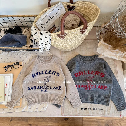 -キッズトップス ニットセーター 象 エレファント ローラースケート柄 カーキ ダークグレー 2カラー【mh0003824】 - mamahalo shop - ニット・セーター -  べビー服 - 子供服 - 男の子 - 女の子