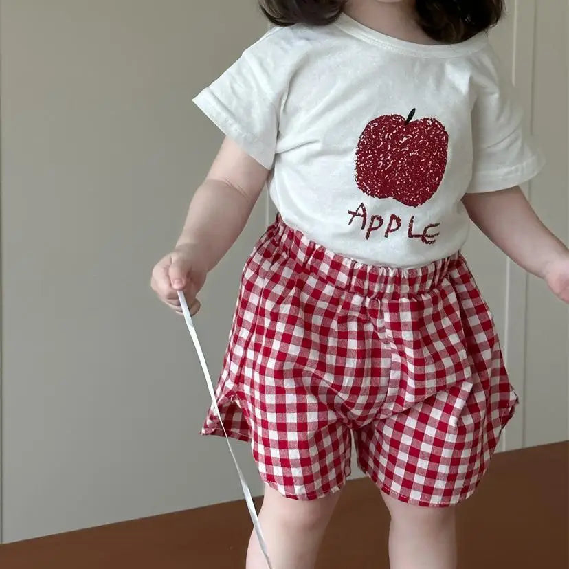 -ベビーセットアップ 2点セット 半袖Tシャツ+ショートパンツ フルーツプリント チェック 2カラー【mh0006274】 - mamahalo shop - 半袖セットアップ -  べビー服 - 子供服 - 男の子 - 女の子