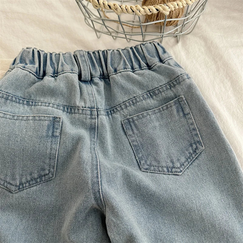 -キッズパンツ デニムパンツ 切り替えフリンジ ルーズワイドパンツ ジーンズ ジーパン - mamahalo shop - デニムパンツ -  べビー服 - 子供服 - 男の子 - 女の子