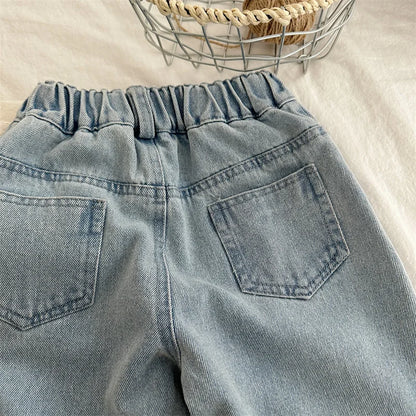 -キッズパンツ デニムパンツ 切り替えフリンジ ルーズワイドパンツ ジーンズ ジーパン - mamahalo shop - デニムパンツ -  べビー服 - 子供服 - 男の子 - 女の子