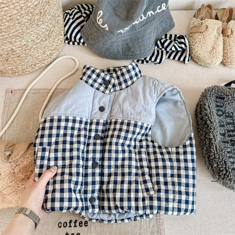 -キッズベスト アウター チェック ジャケット ブルー ネージュ 2カラー ボーイズ 男の子 子供服 - mamahalo shop - ベスト -  べビー服 - 子供服 - 男の子 - 女の子