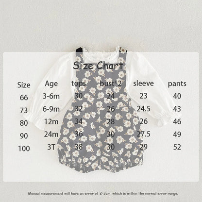 -ベビーセットアップ 2点セット 長袖フリルブラウス+ショートオーバーオール サロペットバルーンパンツ - mamahalo shop - 長袖セットアップ -  べビー服 - 子供服 - 男の子 - 女の子