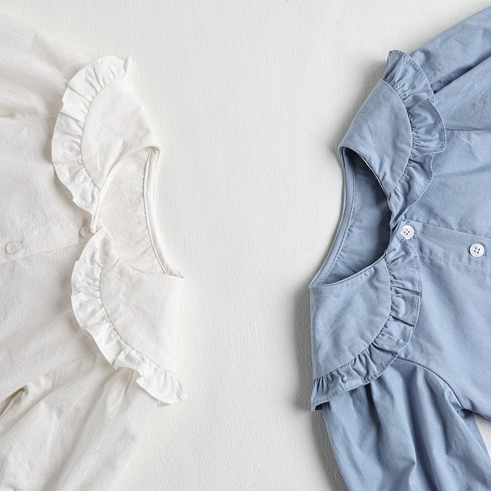 -ベビー フリルカラー  長袖 ブラウス ロンパース ホワイト ブルーガールズ - mamahalo shop - 長袖ロンパース -  べビー服 - 子供服 - 男の子 - 女の子