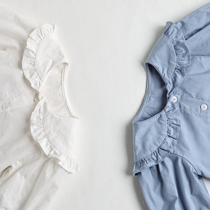 -ベビー フリルカラー  長袖 ブラウス ロンパース ホワイト ブルーガールズ - mamahalo shop - 長袖ロンパース -  べビー服 - 子供服 - 男の子 - 女の子