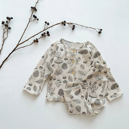 -キッズパジャマセット りんご 幾何学プリント柄 ワッフル 長袖ルームウェア【mh0003575】 - mamahalo shop - 長袖パジャマ -  べビー服 - 子供服 - 男の子 - 女の子