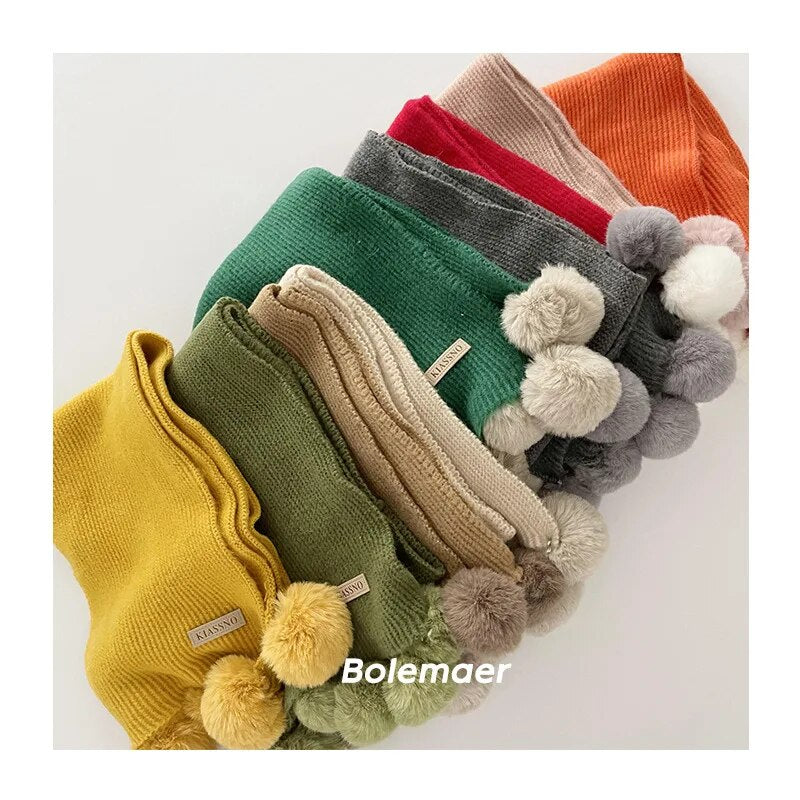 -キッズマフラー スカーフ ニット ぽんぽん付き ネックウォーマー 9カラー ガールズ 女の子 子供服 - mamahalo shop - ネックウォーマー -  べビー服 - 子供服 - 男の子 - 女の子