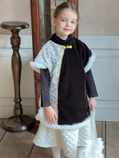 -キッズベスト ファーフリースパッチワーク レース チャイナドレス - mamahalo shop - ベスト -  べビー服 - 子供服 - 男の子 - 女の子