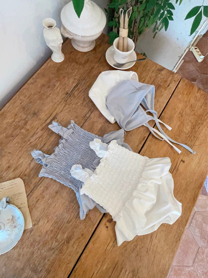 -ベビー 水着 シャーリング ノースリーブ セパレート スイムウェア ガールズ 帽子 セット【mh0002465】 - mamahalo shop - ベビー用水着 -  べビー服 - 子供服 - 男の子 - 女の子