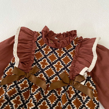 -ベビー リボン フリル スタンドカラー 長袖 ドッキング ロンパース ドレス お出かけ ガールズ【mh0002667】 - mamahalo shop - 長袖ロンパース -  べビー服 - 子供服 - 男の子 - 女の子