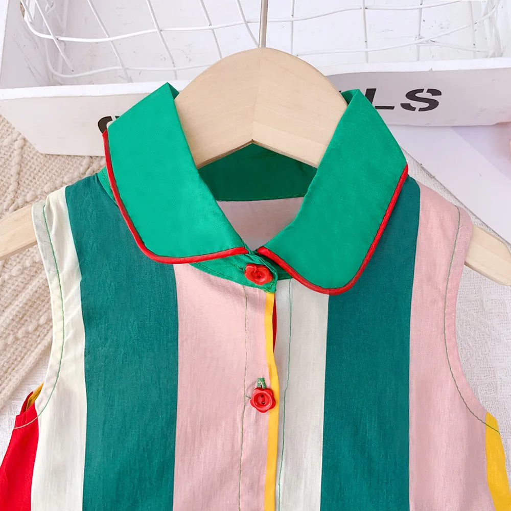 -キッズワンピース 襟付きノースリーブブラウスワンピース カラフルストライプ【mh0004541】 - mamahalo shop - ノースリーブワンピース -  べビー服 - 子供服 - 男の子 - 女の子