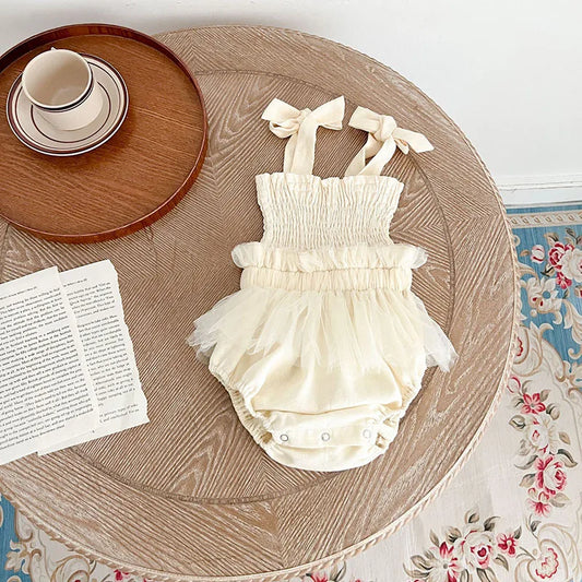 -ベビーロンパース キャミソールシャーリング チュチュチュールペプラムボディスーツ ベージュ【mh0006549】 - mamahalo shop - ノースリーブロンパース -  べビー服 - 子供服 - 男の子 - 女の子