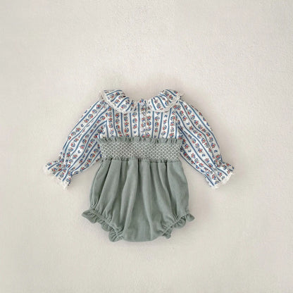 -ベビーロンパース フラワープリントブラウスドッキングサスペンダーボディスーツ - mamahalo shop - 長袖ロンパース -  べビー服 - 子供服 - 男の子 - 女の子