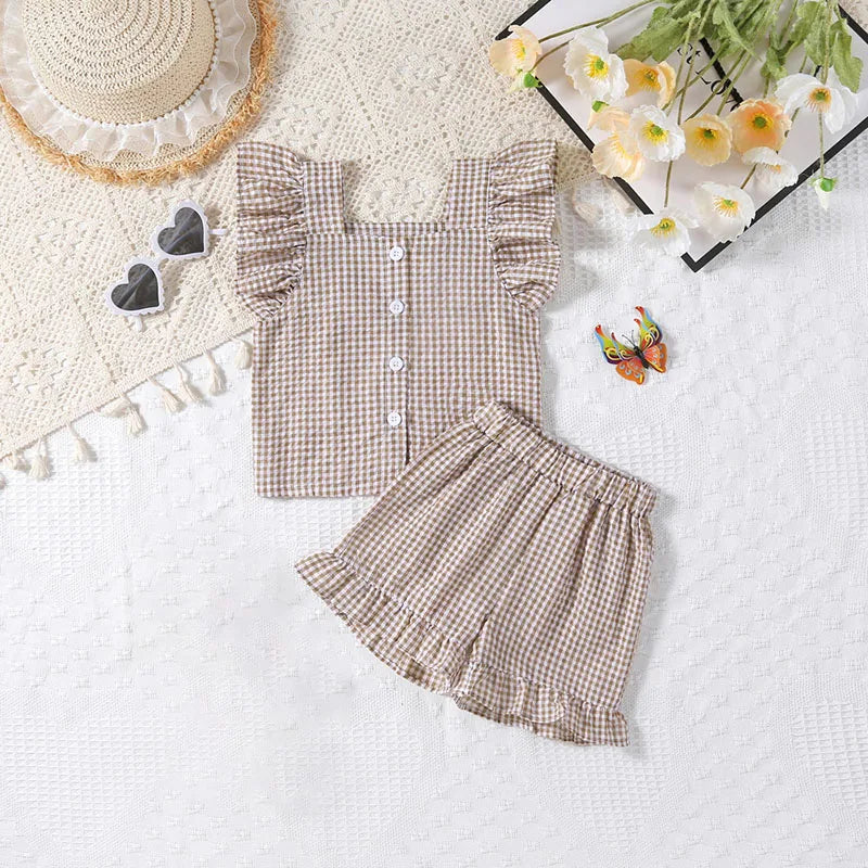 -ベビーセットアップ 2点セット フリルスリーブブラウス+ショートパンツ チェック 2カラー【mh0005857】 - mamahalo shop - 半袖セットアップ -  べビー服 - 子供服 - 男の子 - 女の子