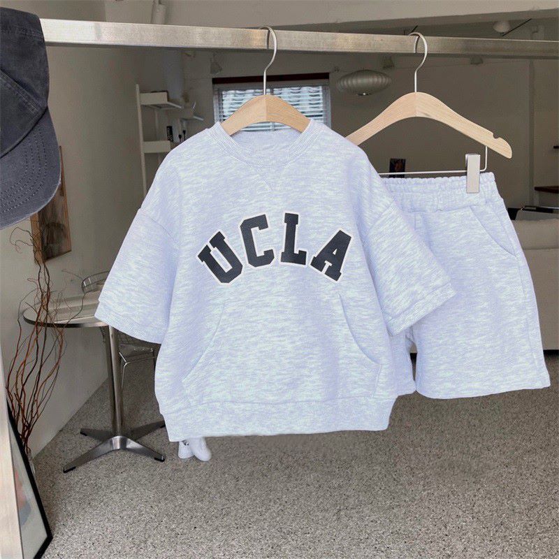 -キッズ UCLA レターロゴ スウェット セットアップ 半袖 トップス ショートパンツ グレー グリーン ユニセックス【mh0002274】 - mamahalo shop - 半袖セットアップ -  べビー服 - 子供服 - 男の子 - 女の子