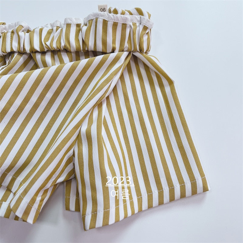 -キッズ ストライプ セットアップ 半袖 オープンカラー シャツ ショートパンツ イエロー ボーイズ - mamahalo shop - 半袖セットアップ -  べビー服 - 子供服 - 男の子 - 女の子