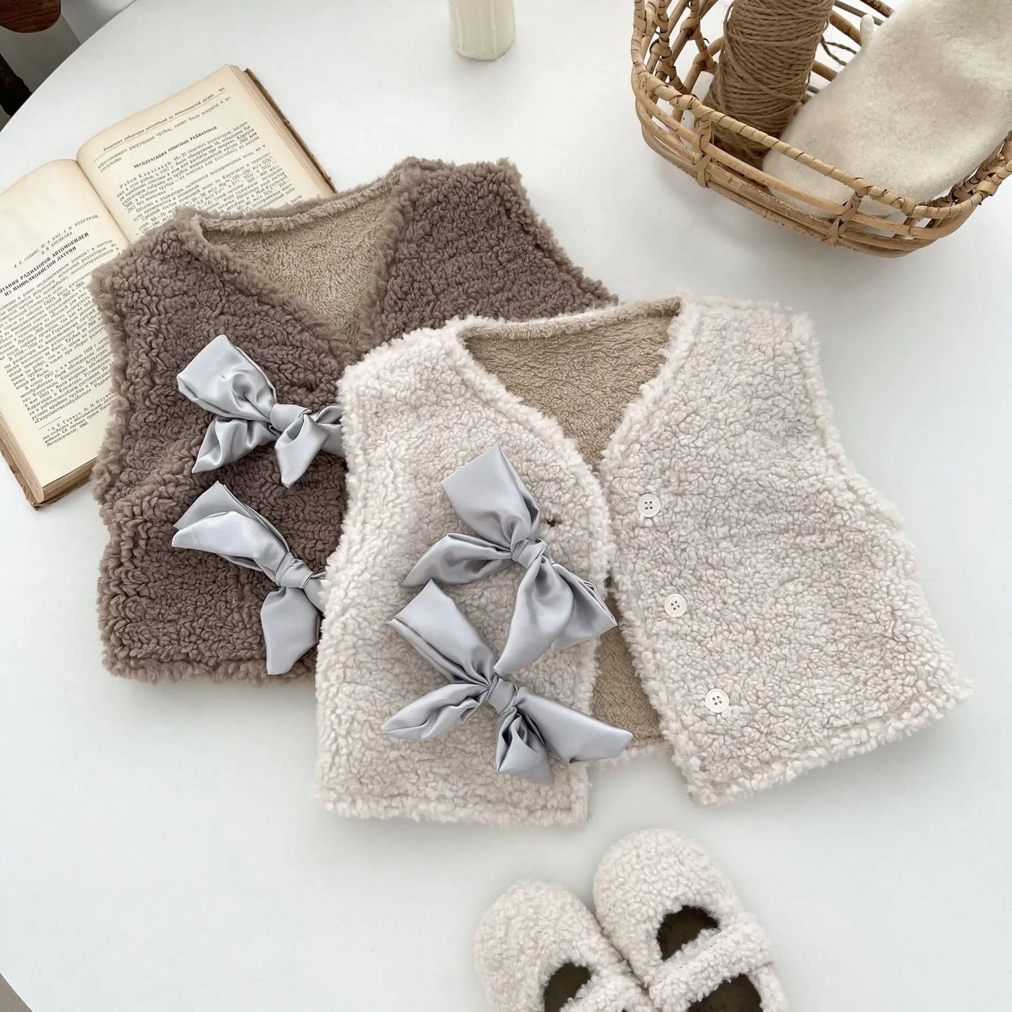 -ベビーベスト ボアフリースアウター リボンアクセント ベージュ カーキ 2カラー - mamahalo shop - ベスト -  べビー服 - 子供服 - 男の子 - 女の子