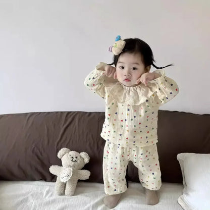 -ベビーセットアップ ハート/フラワープリントラッフル襟長袖シャツ+ロングパンツ 3カラー - mamahalo shop - 長袖セットアップ -  べビー服 - 子供服 - 男の子 - 女の子