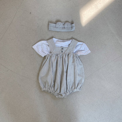 -ベビー ストライプ ノースリーブ サスペンダー ロンパース ブルー カーキ ユニセックス 5913B - mamahalo shop - ノースリーブロンパース -  べビー服 - 子供服 - 男の子 - 女の子