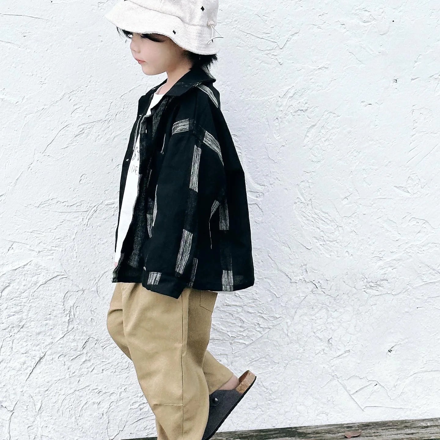 -キッズトップス レトロストライプ長袖オーバーシャツ ブラック - mamahalo shop - 長袖シャツ・ブラウス -  べビー服 - 子供服 - 男の子 - 女の子