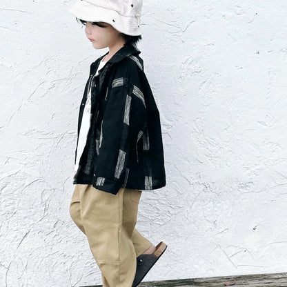 -キッズトップス レトロストライプ長袖オーバーシャツ ブラック - mamahalo shop - 長袖シャツ・ブラウス -  べビー服 - 子供服 - 男の子 - 女の子