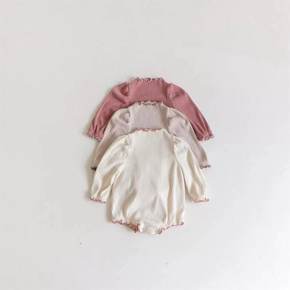-ベビー 長袖ロンパース リブ フリル スタンドカラー シンプル ベーシック ピンク ベージュ 2カラー ガールズ 女の子 子供服 7819 - mamahalo shop - 長袖ロンパース -  べビー服 - 子供服 - 男の子 - 女の子