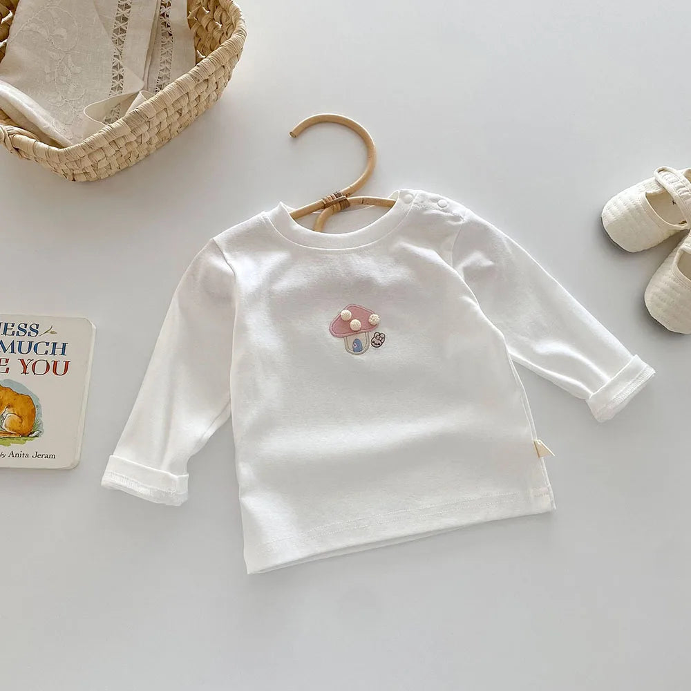 -ベビーキッズトップス 長袖Tシャツ きのこマッシュルーム刺繍 2カラー【mh0006467】 - mamahalo shop - 長袖Tシャツ -  べビー服 - 子供服 - 男の子 - 女の子