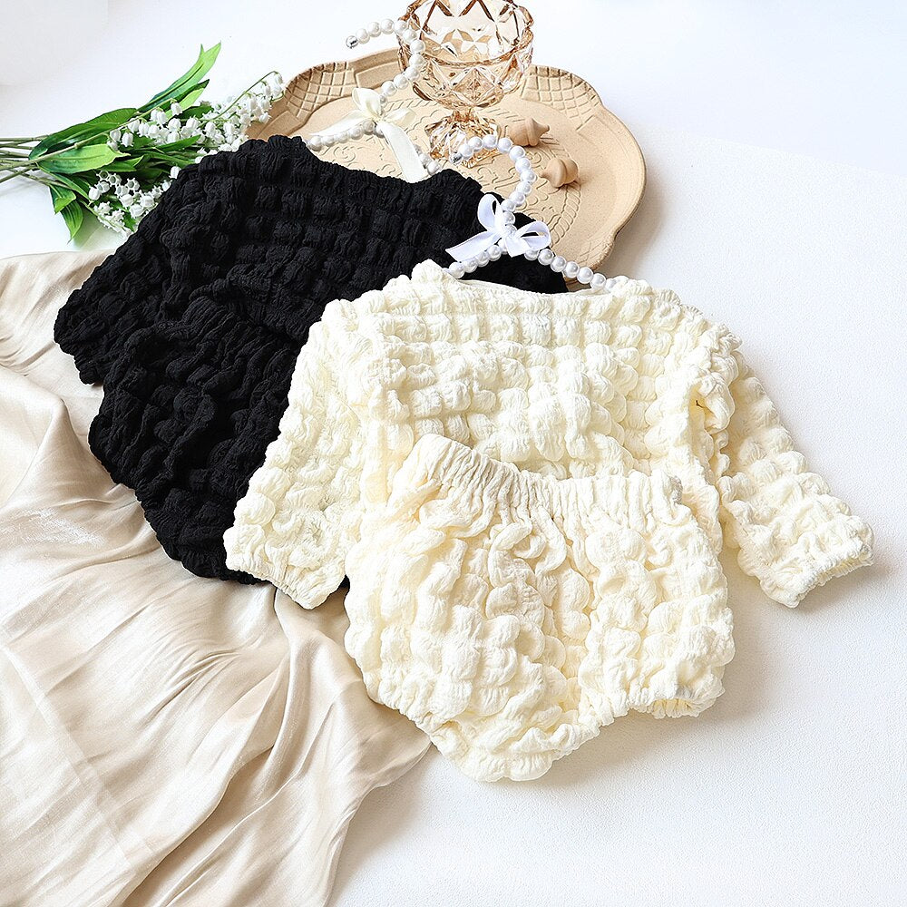 -ベビー ポップコーン セットアップ 長袖 トップス ブルマパンツ ベージュ ブラック レース フリル エプロン ドレス ガールズ - mamahalo shop - 長袖セットアップ -  べビー服 - 子供服 - 男の子 - 女の子
