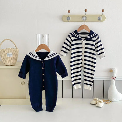 -ベビージャンプスーツ セーラーカラーマリンスタイルニット長袖ロンパース 無地/ボーダー【mh0007429】 - mamahalo shop - 長袖ジャンプスーツ -  べビー服 - 子供服 - 男の子 - 女の子