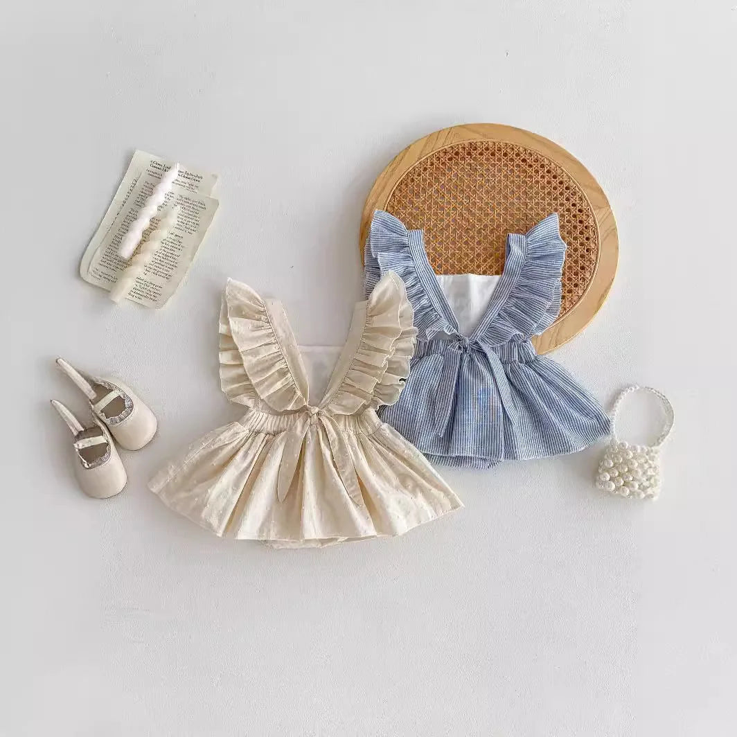 -ベビーロンパース フリルスリーブ ワンピースボディスーツ フラワー花柄刺繍 2カラー - mamahalo shop - 半袖ワンピース -  べビー服 - 子供服 - 男の子 - 女の子