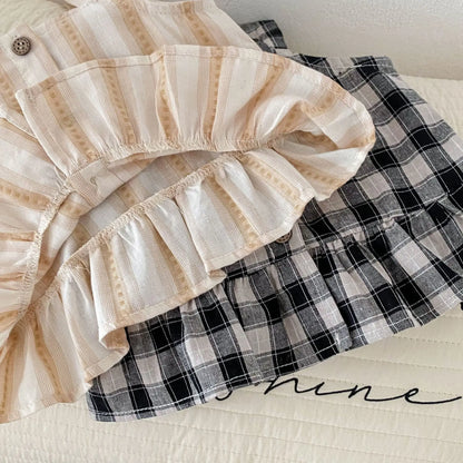 -キッズセットアップ 2点セット キャミソールペプラムブラウス+ワイドルーズパンツ チェック/ストライプ【mh0005480】 - mamahalo shop - ノースリーブセットアップ -  べビー服 - 子供服 - 男の子 - 女の子