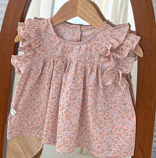 -ベビートップス バタフライスリーブ フリル ノースリーブチュニックブラウス フラワー花柄プリント 2カラー - mamahalo shop - タンクトップ・キャミソール・ノースリーブトップス -  べビー服 - 子供服 - 男の子 - 女の子